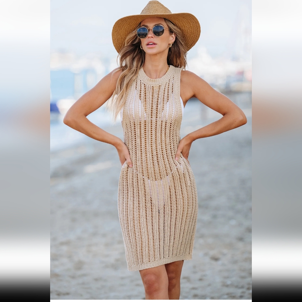 NWT!  Cupshe Size Xs Beige Sleeveless Open Weave Crochet Mini Cover-up